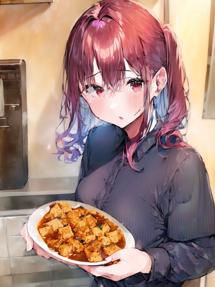 433197-114517-(((((1girl))))), red hair,small breasts, pink eyes, blue apron,black shirt, holding plate, mapo tofu, female focus, upper body,k.png